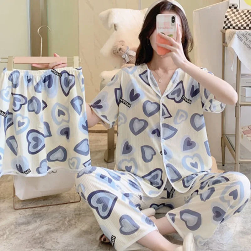 Three-Piece Set Women Sleepwear Silk Short-Sleeved Trousers Pajamas Ladies Cartoon Bear Cherry Lapel Cardigan Sexy Nightwear