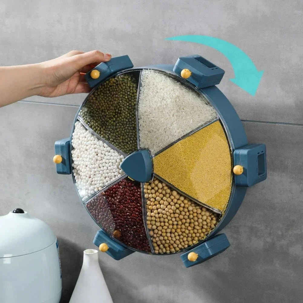 Grains Container Storage Box Wall-Mounted Seperated Cereals Dispenser Moisture-Proof Rice Bucket Rotary Compartment Grain Bucket