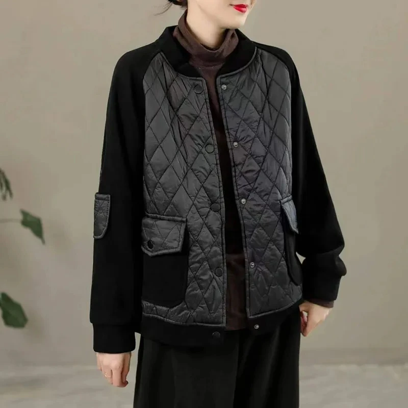 2023 New Autumn Winter Women Retro Parkas Jacket Spliced Korean Baseball uniform Loose Casual Warm Cotton Padded Outwear Female