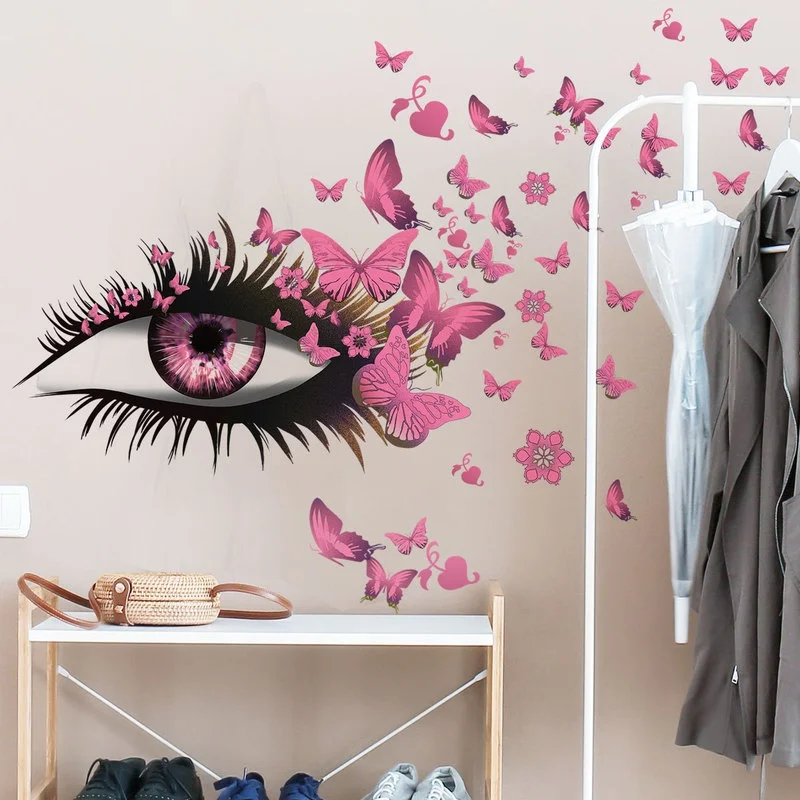 Creative Beautiful Girl Eyes Wall Sticker Flying Butterfly Wall Decals Girl Long Eyelashes For Couple Lovers Bedroom Decoration