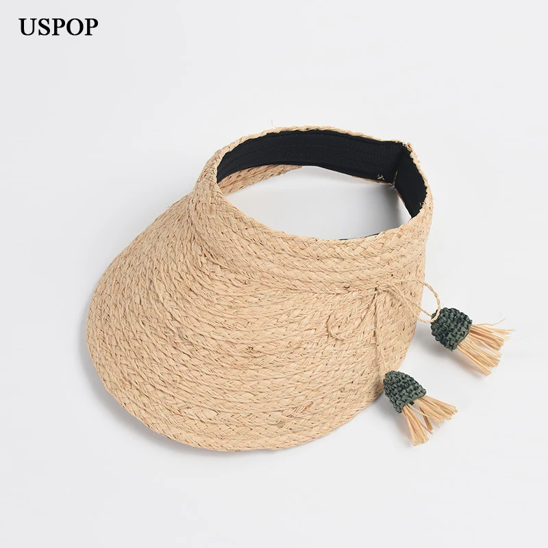 Headband Design Natural Raffia Straw Hat for Women Beach Hat Summer Tassel Ball Cap