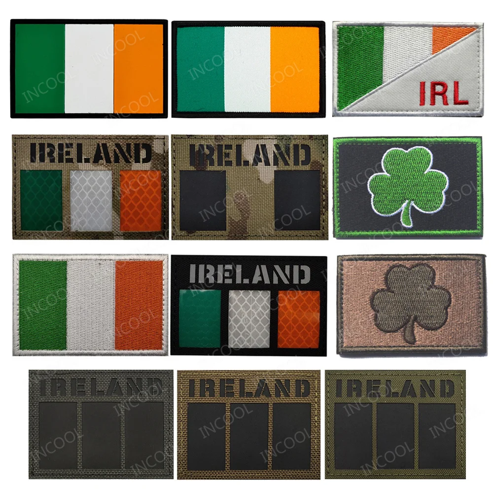 Infrared IR Reflective Ireland Flag Patches PVC Rubber Irish Embroidered Flags Appliqued Armband Clover Patch Hook Loop