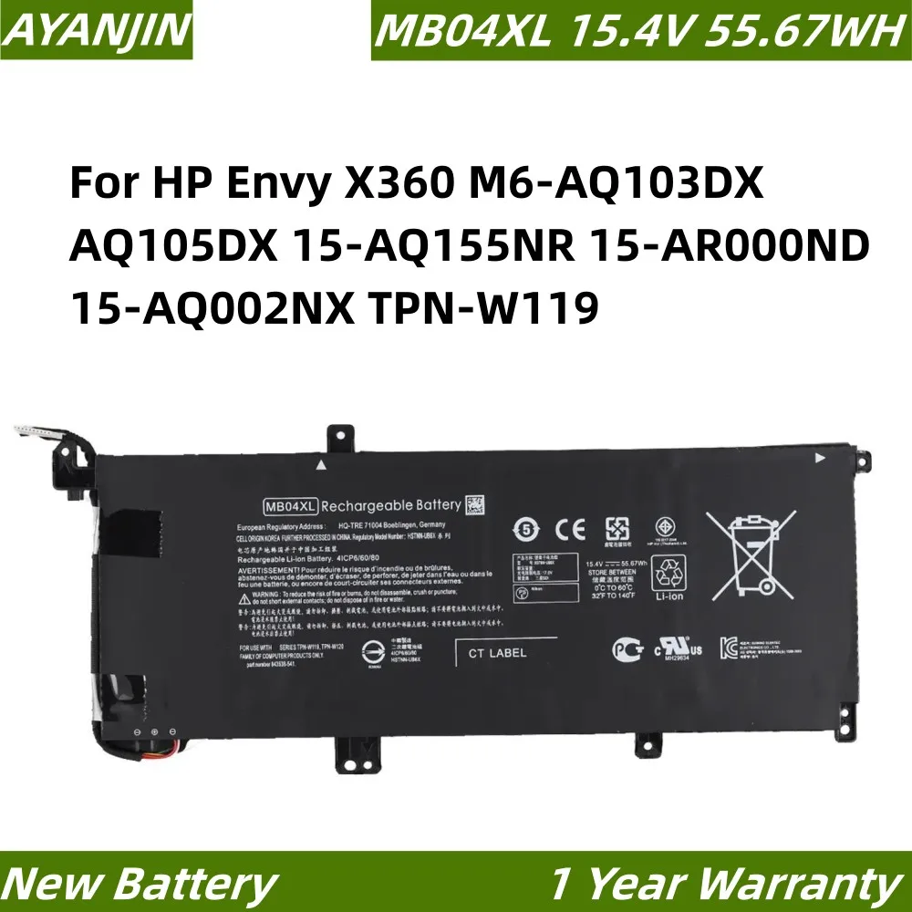 Mb04xl HSTNN-UB6X Laptop Batterij Voor Hp Envy X360 M6-AQ103DX Aq105dx 15-aq155nr 15-ar000nd 15-aq002nx TPN-W119 15.4V 55.67wh