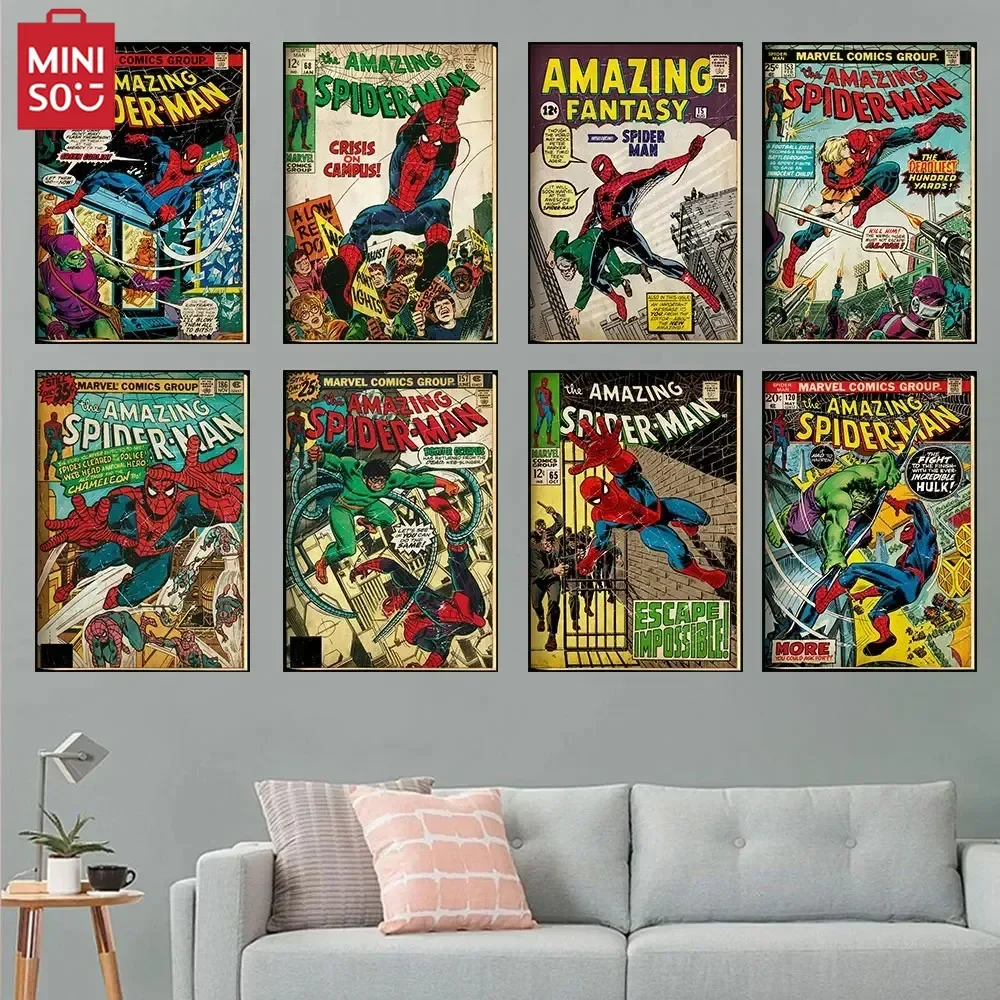 

MINISO Vintage Comics Superhero Marvel Spiderman Posters and Prints Canvas Painting Wall Art Decoration Pictures for Boy Bedr