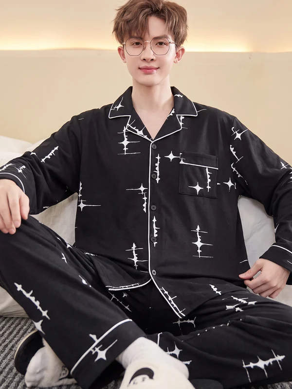 Men's Pure Cotton Long Sleeve Sleepwear Large Size Home Clothes Set Cartoon Print Comfortable Breathable Spring Autumn Wear