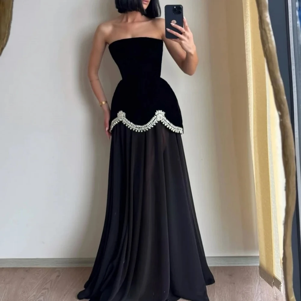 

Fashion Black Evening Dress for Woman Customized Strapless Crystal Jersey A Line Backless Floor Length Formal Party Dress 2026