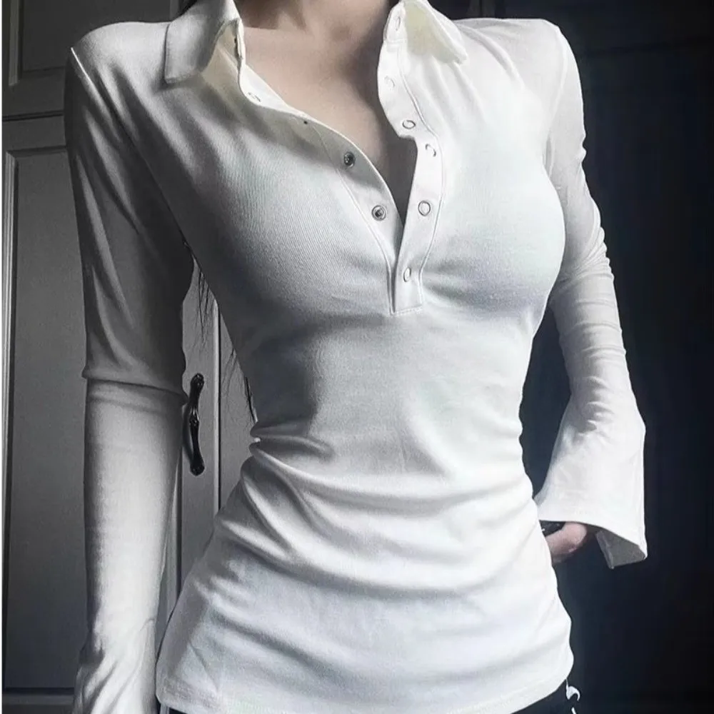 Minimalist Slim Fit Flip Collar Top Korean Style Spicy Girl Design Bell Sleeved Top Ins Solid Color T-Shirt for Women Autumn