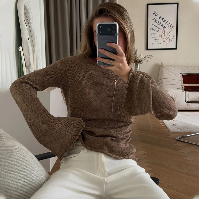 TARUXY Bell-Sleeved Backless Sexy Knitted Sweater Women's Lace Up Perspective Solid Casual Knit Pullover Commuter Female New Top view 3