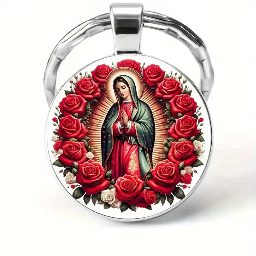 Floral Virgin Mary Pattern - Decorative Keychain for Bags and Car Keys, Christian Gift, Suitable for Couples and Friends
