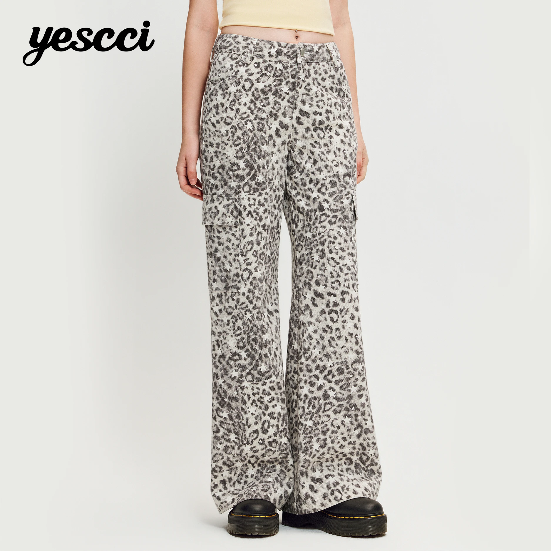 YESCCI Fashion Leopard Print Flared Trousers Autumn New Mid Rise Soft Washed Cargo Pockets Women's Pants Casual Wear Y716081071