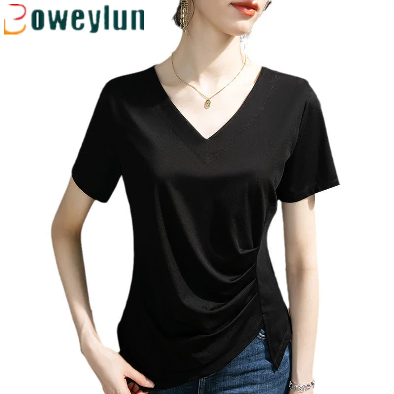 

Boweylun Casual V-neck Short Sleeve T-shirt Women Summer Irregular Split Slim Solid Color Tops Female