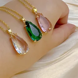 Exquisite Personality Crystal Clear Water Drop Necklace Classic Retro Texture Design Stainless Steel Clavicle Chain