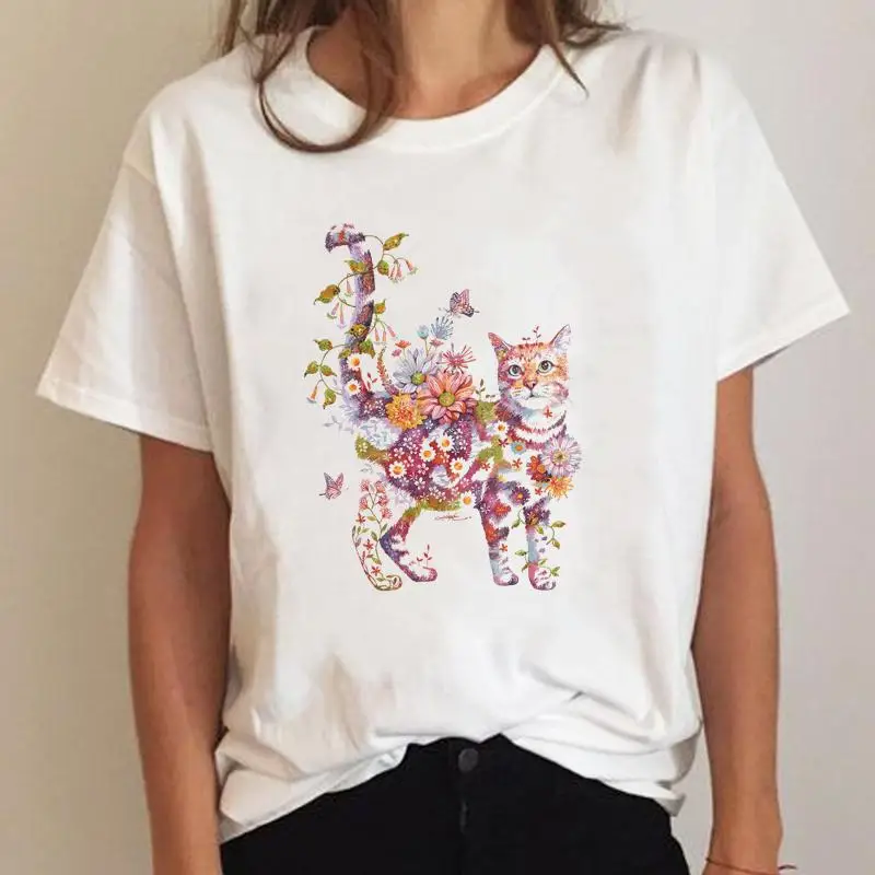 女性のための猫とトトロのプリントTシャツ,白いトップ,動物のプリント,夏服,かわいい,面白い,y2k,2022