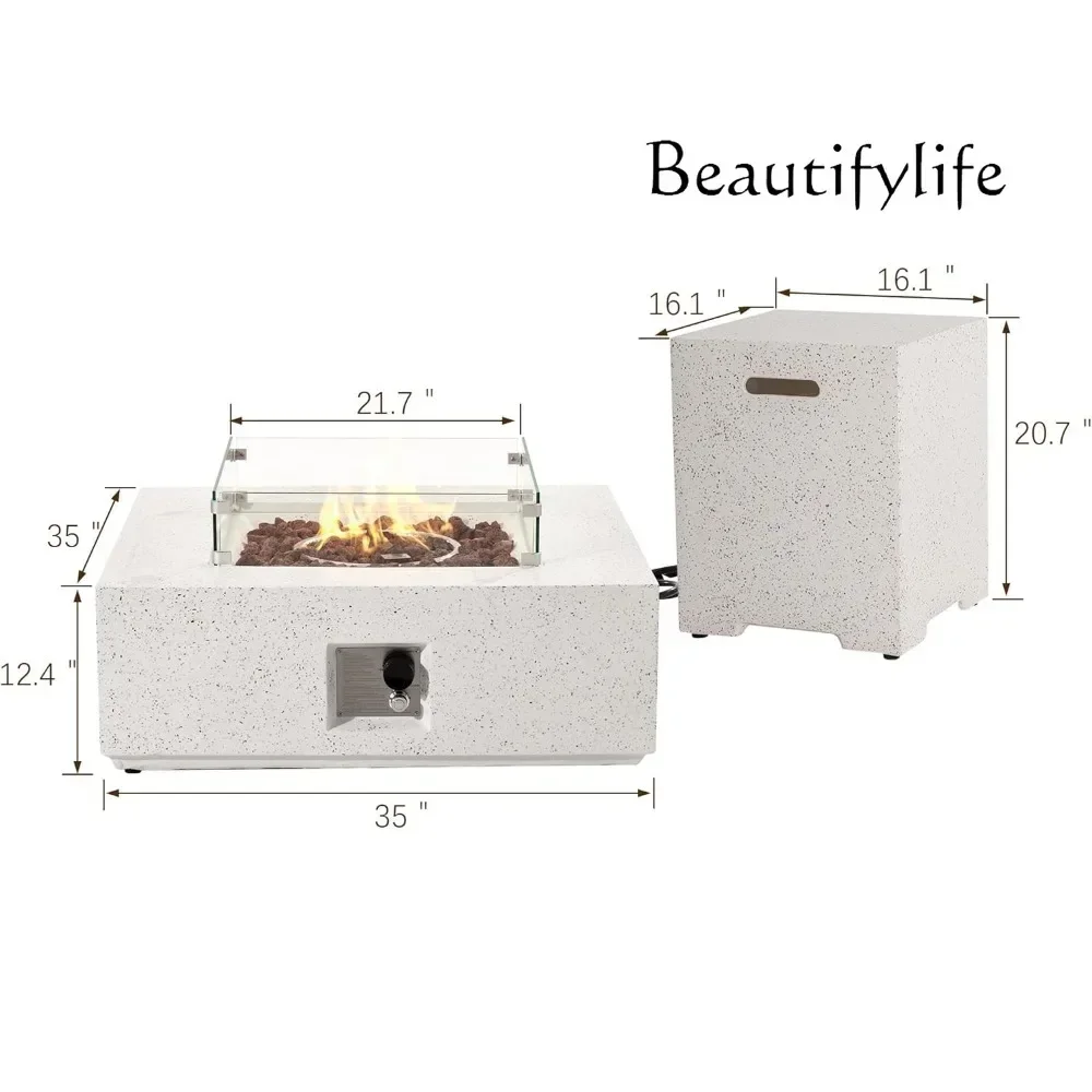 BJ Outdoor Propane Fire Pit,50,000 BTU Fires Pit For Outside In ,Glass Wind Guard, Waterproof Cover, Square Patio Fire Table
