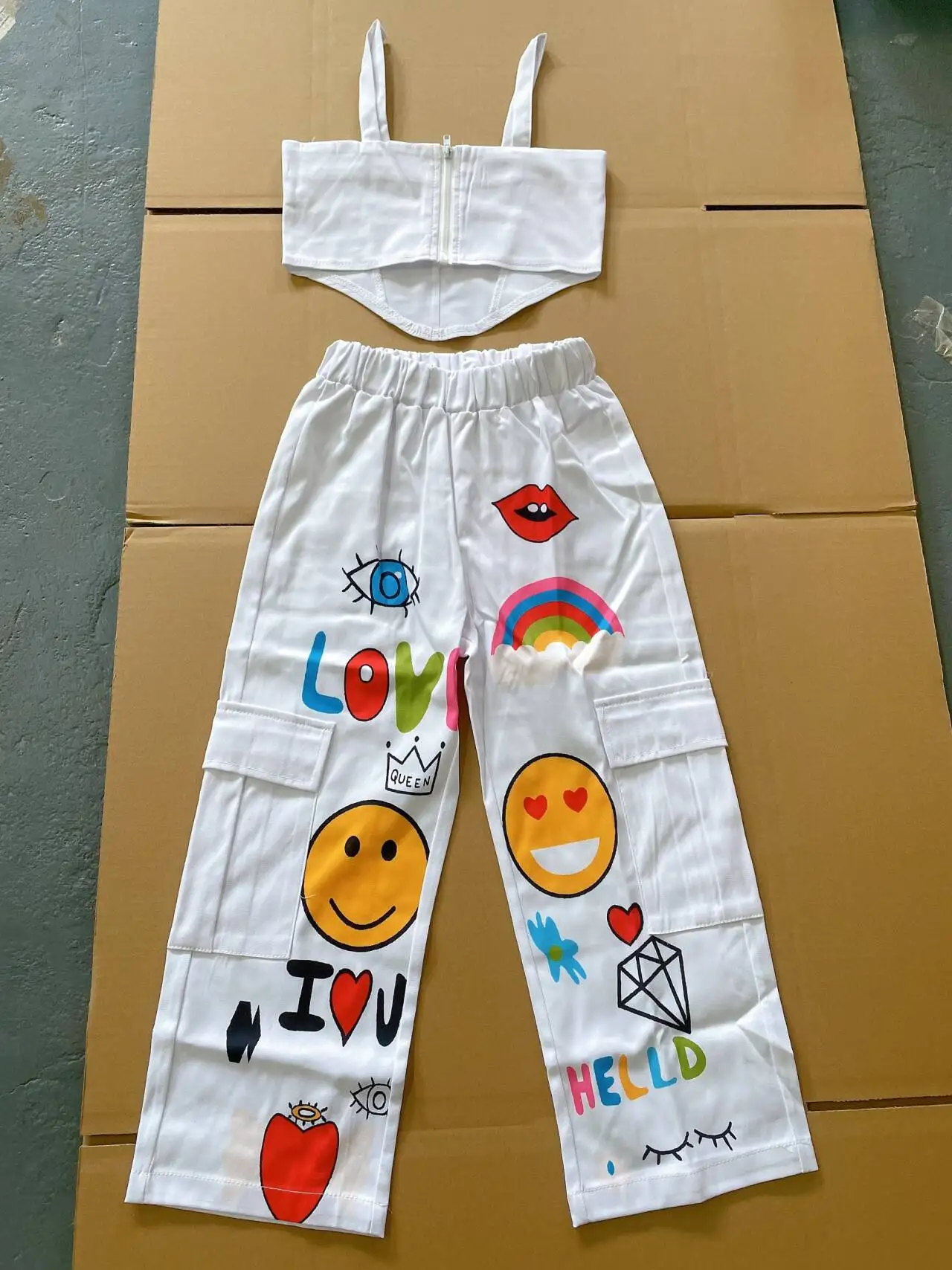 Qunq-Conjunto de ropa informal para niñas, Top Irregular con cuello Halter liso y pantalones con estampado de dibujos animados, ropa para niños de 3