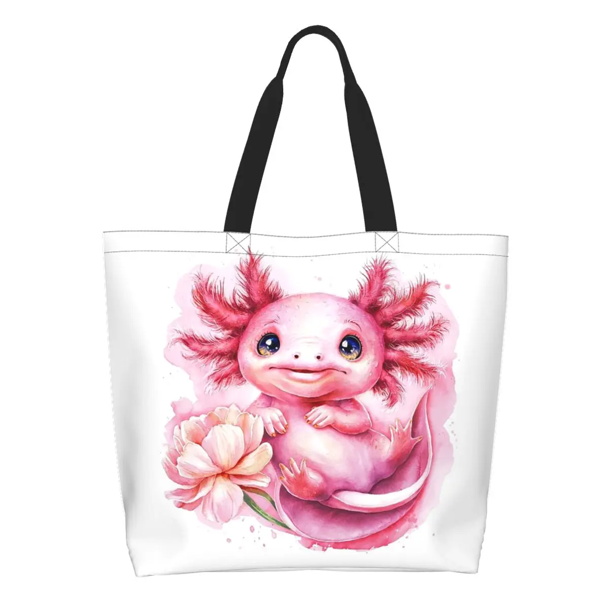 Cartoon Axolotl Salamander And Pink Flowers Shopping Tote Bag Canvas Large Capacity Shoulder Bags Shopper Grocery Handbag