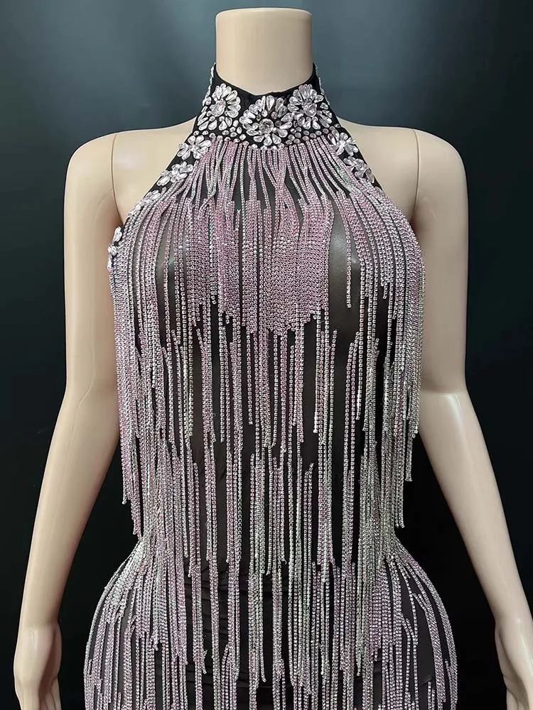 ชุดเดรสตาข่ายเซ็กซี่ประดับพู่ห้อยคอ ปั๊มร้อนคุณภาพสูง แฟชั่นใหม่ปี 2025 เสื้อผ้าผู้หญิงสั่งทำพิเศษ