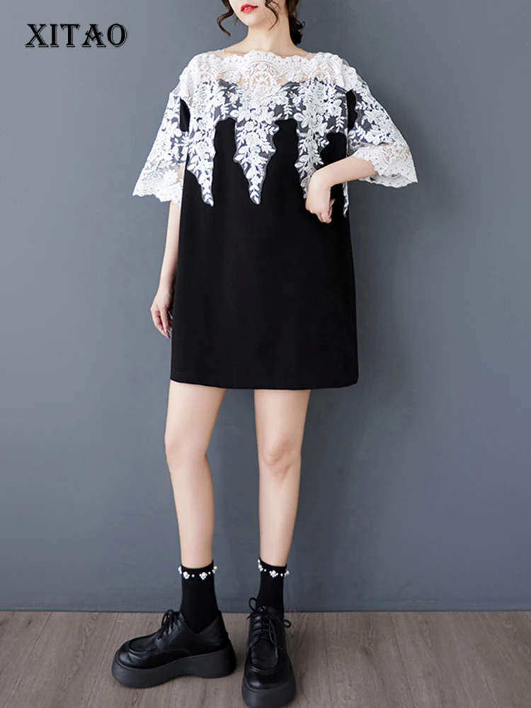 

XITAO Hollow Out Lace Contrast Color Dress Casual Vintage A-line Half Sleeve New Slimming Elegant Summer Female Dress HQQ2483