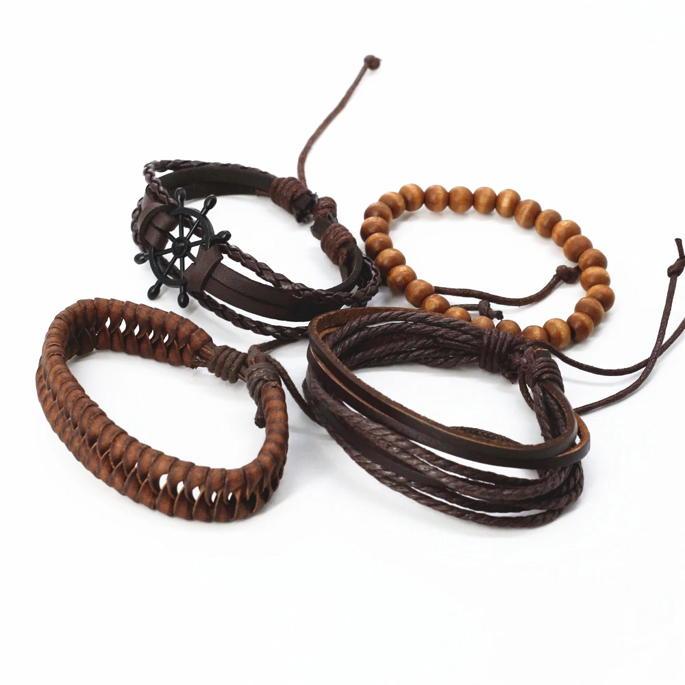 New Rudder Charm Leather Bracelets Men Wood Beads Bangle 4 Pcs/Set Handmade Homme Male Jewelry