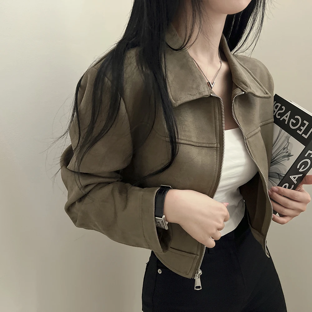 Schicke Vintage-Lederjacke mit Samtbesatz, langem Ärmel, Reißverschlusskragen, Damenmode, schlanke Passform, einfarbig, Oberbekleidung