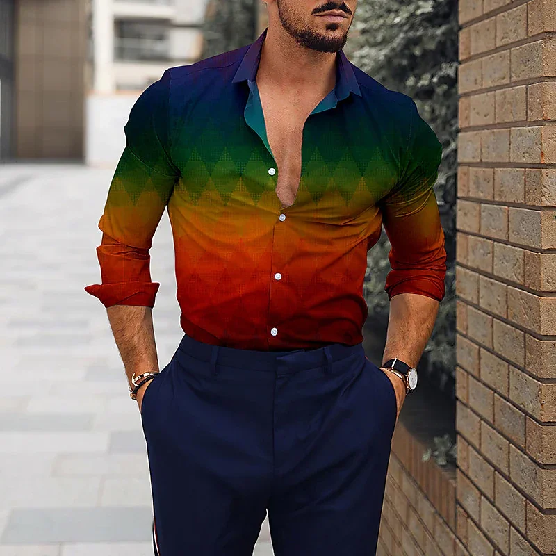 Mode Männer Langarmhemd Revers Knopf lässig Farbe Frühling Sommer HD-Muster Regenbogen Outdoor-Sport Top-Shirt T-Shirt