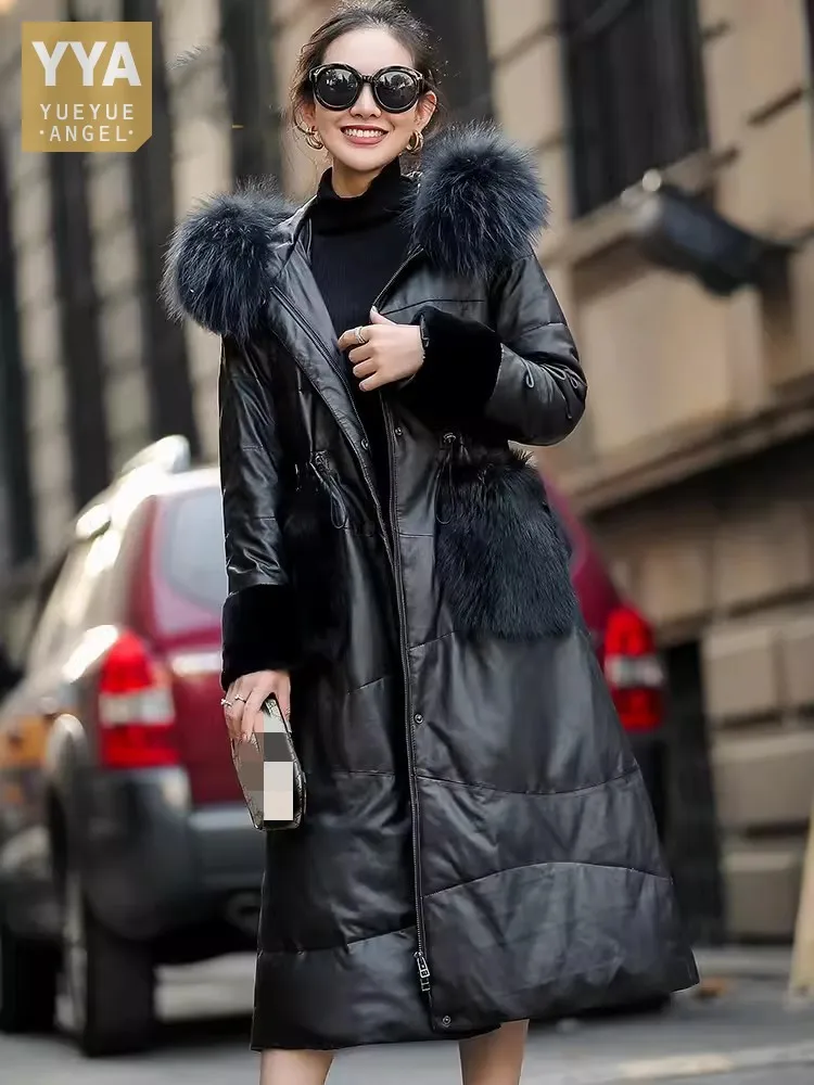 

Luxury Raccoon Fur Collar Hooded Women Genuine Leather Down Coat Winter Warm Loose Elegant Fashion Natural Sheepskin Long Coat