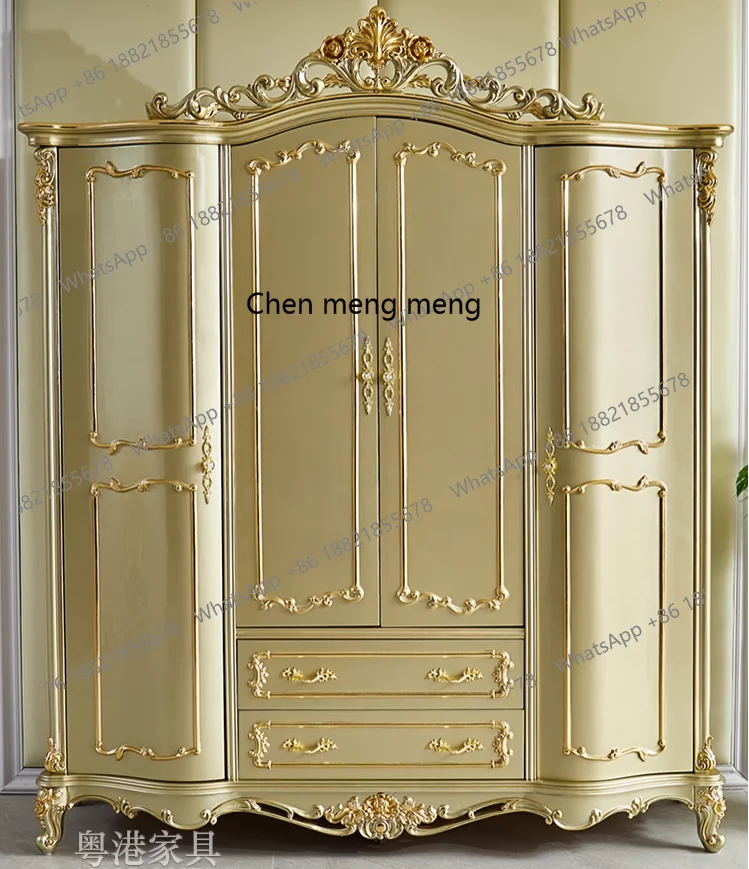 Europäischer Kleiderschrank, amerikanische Villa, Schlafzimmer, komplett aus Massivholz geschnitzter Stauraum, goldbemalter silberner Kleiderschrank mit vier Türen