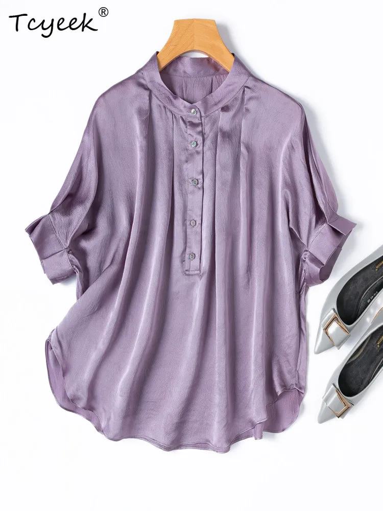 

Tcyeek 100% Real Mulberry Silk Womens Shirt 2026 Elegant Shirts for Women Spring Summer Clothes Short Sleeve Top Camisa Feminina