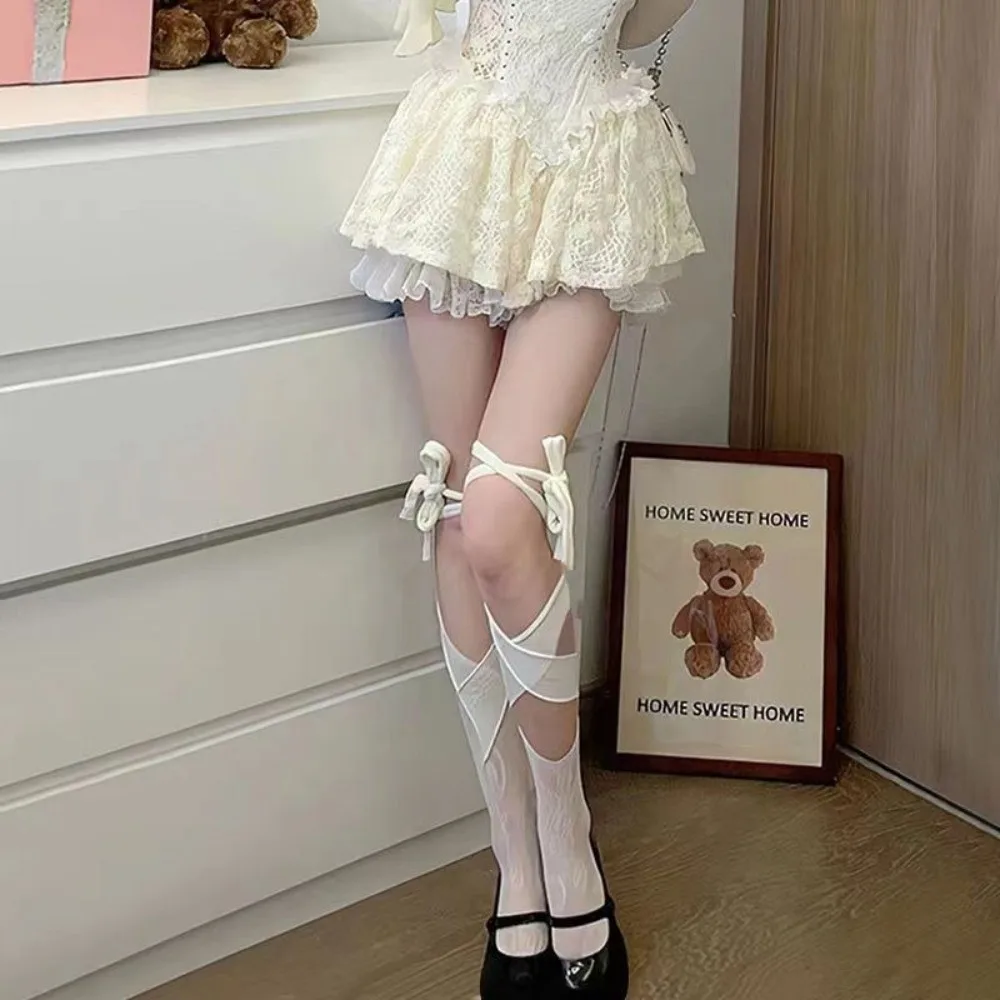 1 pair Y2K Cross Tied Fishnets Tabi Socks Lace Pattern Thin Split-toe Sock Irregular Knee High Socks Women
