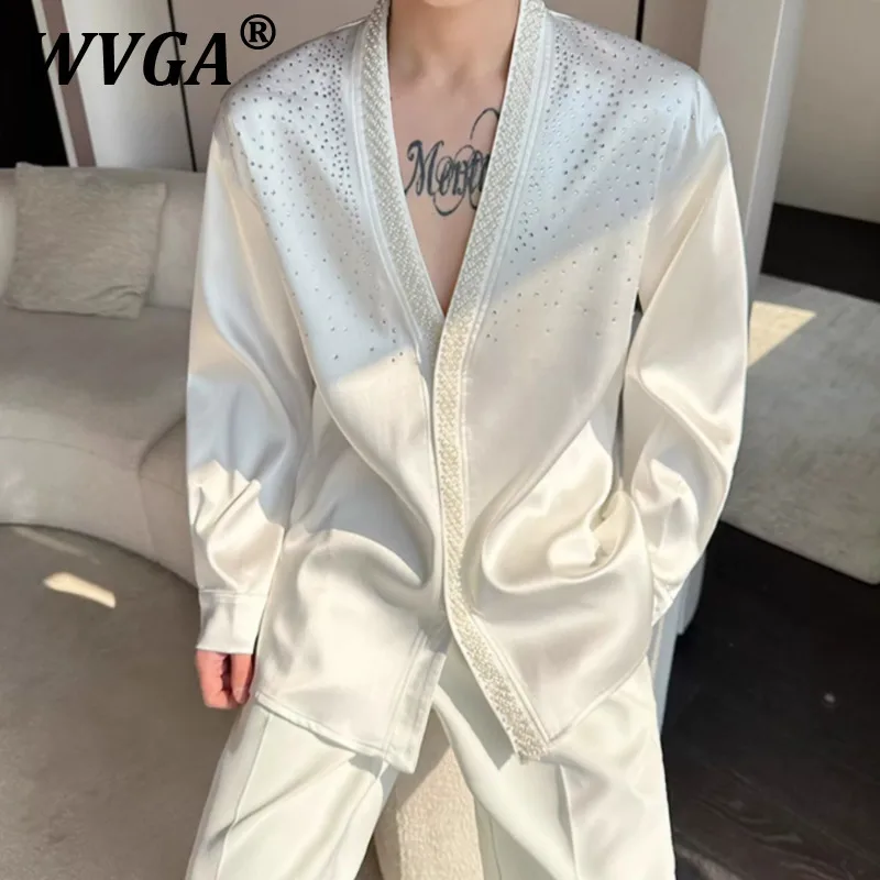 

WVGA Spring Summer New Tide Light Luxury Hot Diamond Fashion Design Men's Long Sleeve Shirt Niche Chic Casual V-neck Shirt W9176