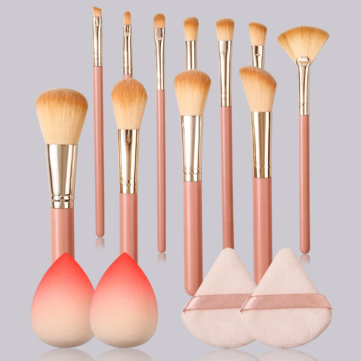 مجموعة فرش مكياج احترافية مكونة من 15 قطعة، 11 فرشاة مكياج للوجه + 4 إسفنجة مكياج غير لاصقة منتفخة لبودرة البيض المثلثة #2