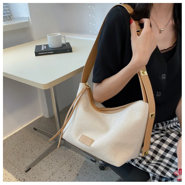 trendy casual soft plain bucket bag for women oxford cloth shoulder bag fashion leather strap handbag female luxury bag