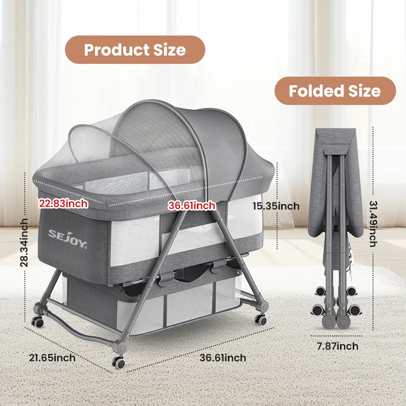 SEJOY Baby Crib Rocking Crib Convertible multi-function folding With Mosquito Net & Mattress & Wheels