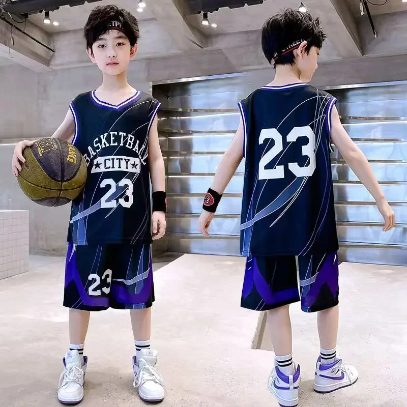 

Boys Summer Quick-Dry 23 Basketball 24 Sports Suits Boys Sleeveless Vset+Short Pants 2pcs Sets Kids Sports Outfits Clothing