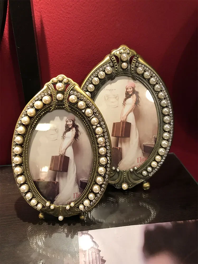 Antique Brass Silver Plating With White Pearls And Clear Rhinestones Jeweled 4x6,5x7 Inch Metal