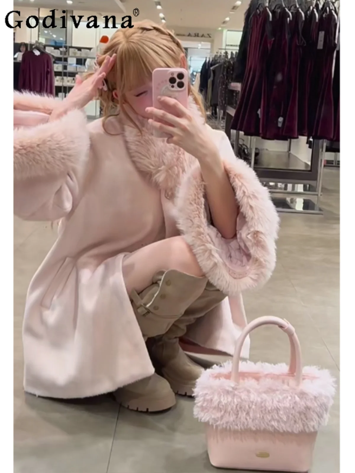 Abrigo de lana con cuello de piel rosa para mujer, dulce japonés, dulce, manga acampanada, capa, abrigo de lana