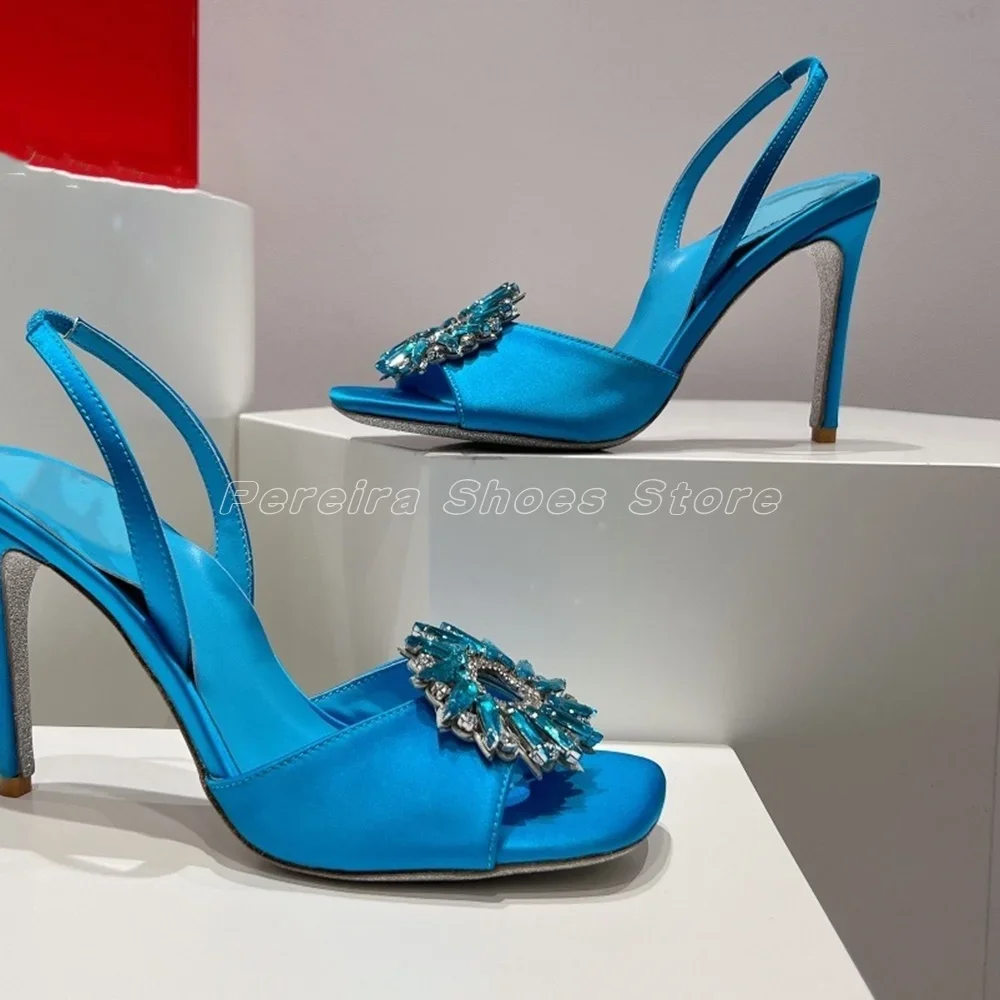 Blue Glittering Rhinestone Flower Sandals Stiletto Open Toe Sexy Ladies Dress Party Shoes 2024 Women Shoes New Trend
