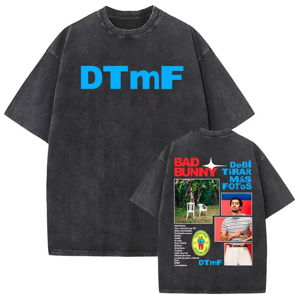 Camisetas Masculinas de Manga Curta Estilo Hip Hop Streetwear Vintage Lavadas - Nova Coleção 2026 Bad Bunny DTMF En La Casita World Tour ﻿