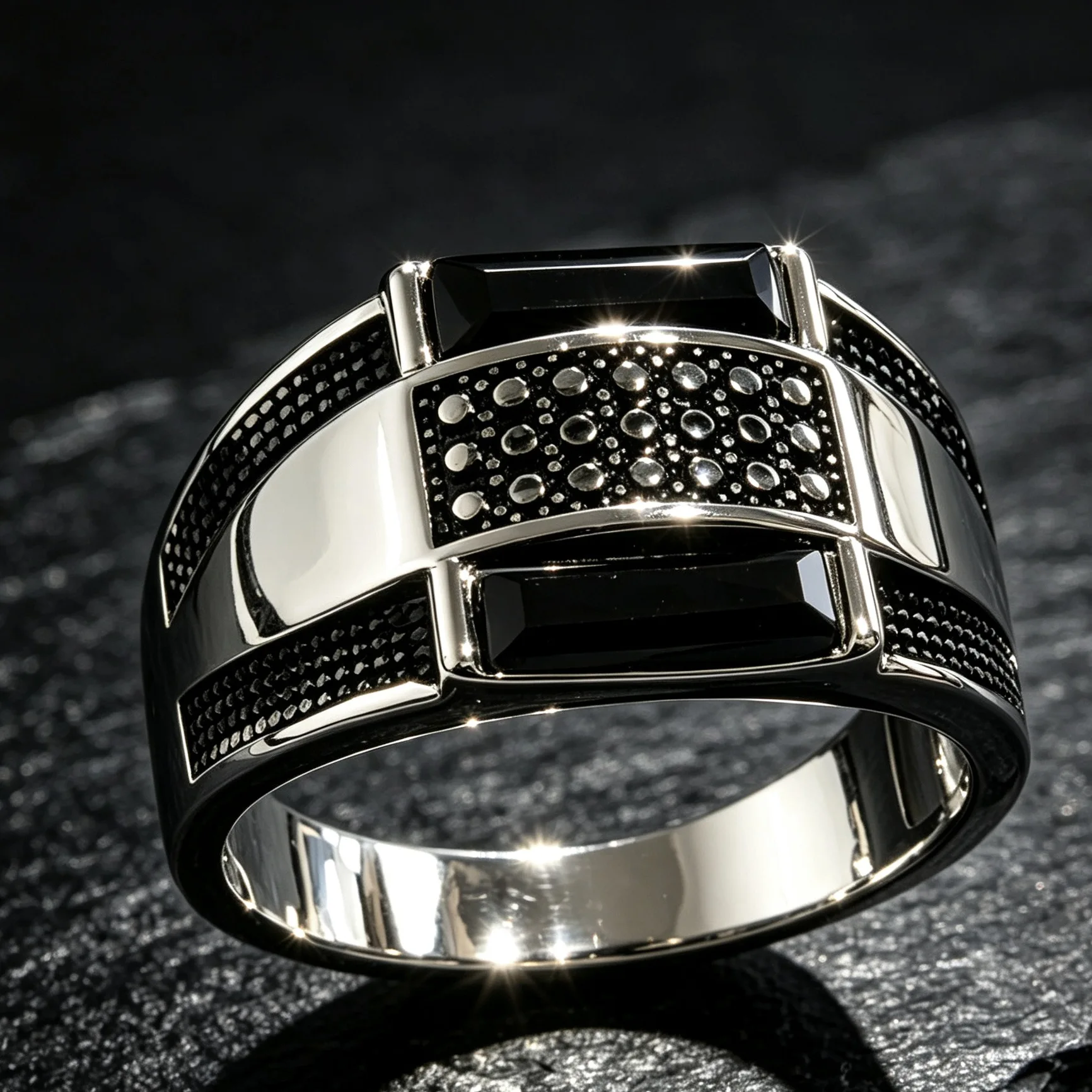 Fashion Square Black Pave Wide Statement Men's Ring, Hypoallergenic Urban Street Fine Jewelry, Unique Anniversary Birthday Gift