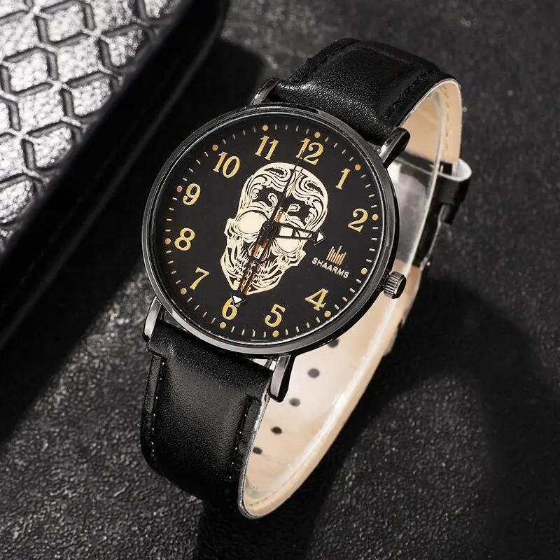 Luxury Brand Men Watches Skull Big Dial Quartz Wristwatches Leather Strap Men Casual Sports Watches Gold Bussiness Male Clock