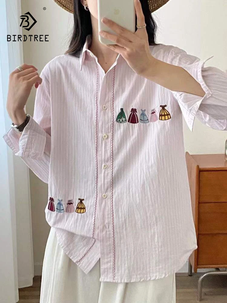 

New 2026 Spring Women Cotton Long Sleeve Shirt, Lapel Striped Embroidery, Mori Girl Commute Japan Style Loose Blouse T63487CC