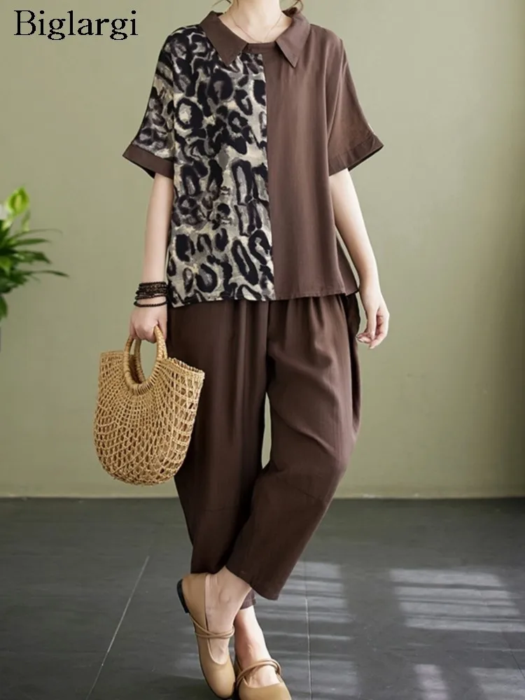 

Летний комплект из двух предметов, женские леопардовые лоскутные женские блузки Modis с короткими рукавами, свободные широкие женские брюки с эластичной резинкой на талии