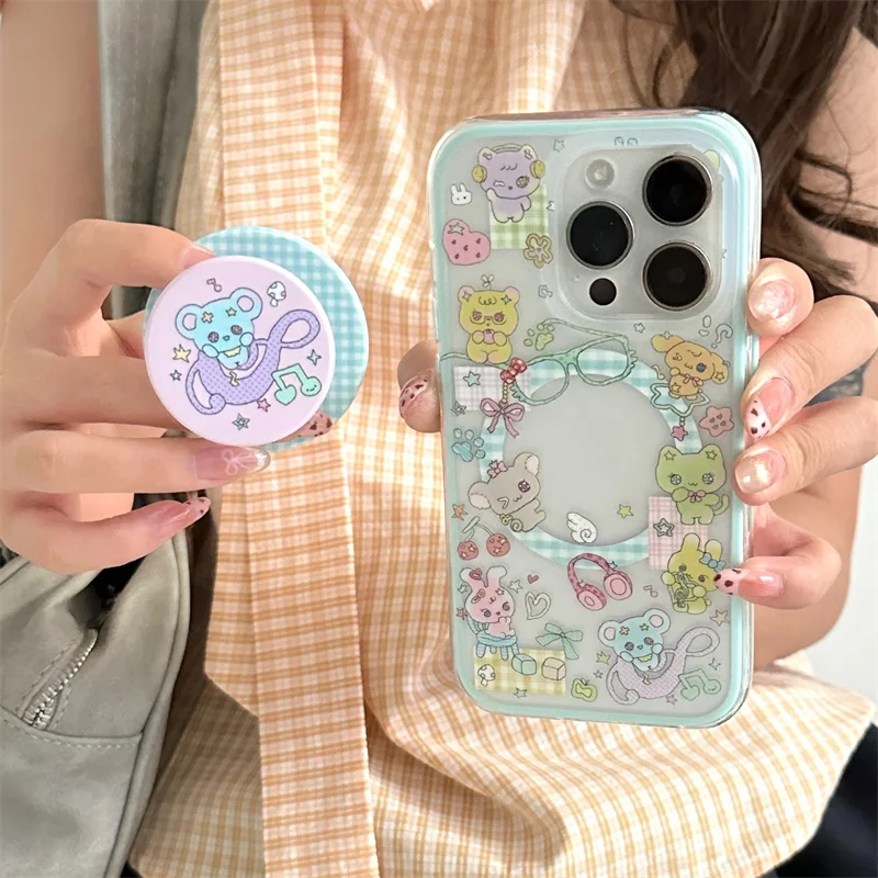 Kawaii Cartoon Animal Magnetic Phone Case dla iPhone 16 Pro 15 14 13 Pro Max Cover z Magsafe Stand Grip Tok Shockproof Cases