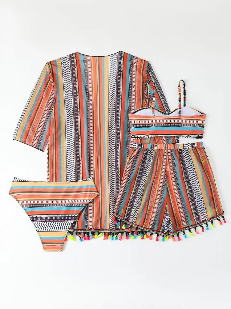 Cikini 4-delige bikiniset met geometrische bedrukte ruches, boven- en onderkant, bikiniset met veelkleurige franje en shorts