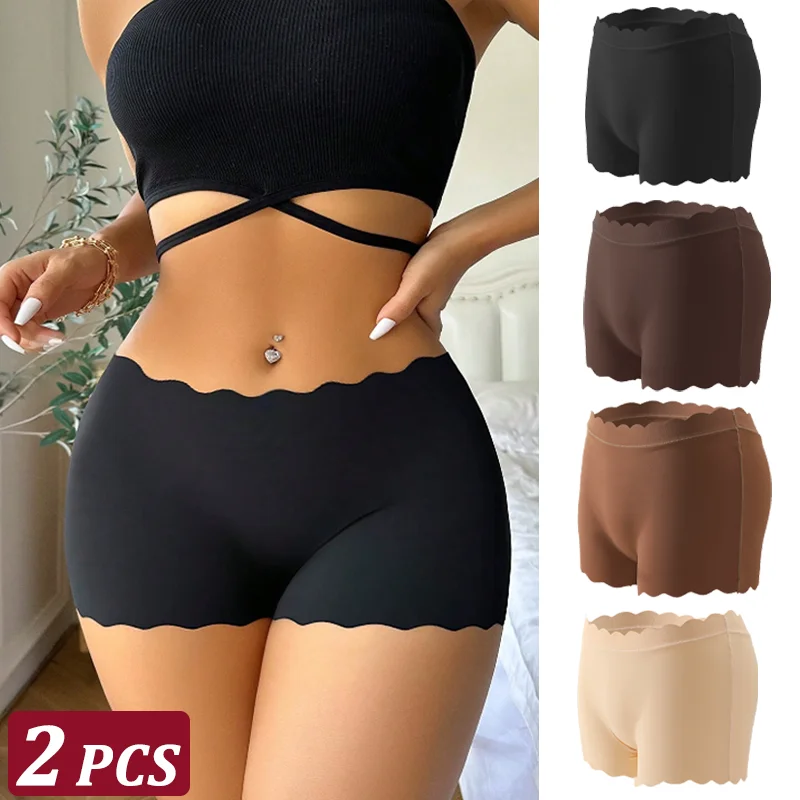 2PCS Women\'s Panties Seamless Wavy Edge Silk Satin Boxers Underwear Female Lovely Briefs Cozy Lingerie Sports Intimate Underpant