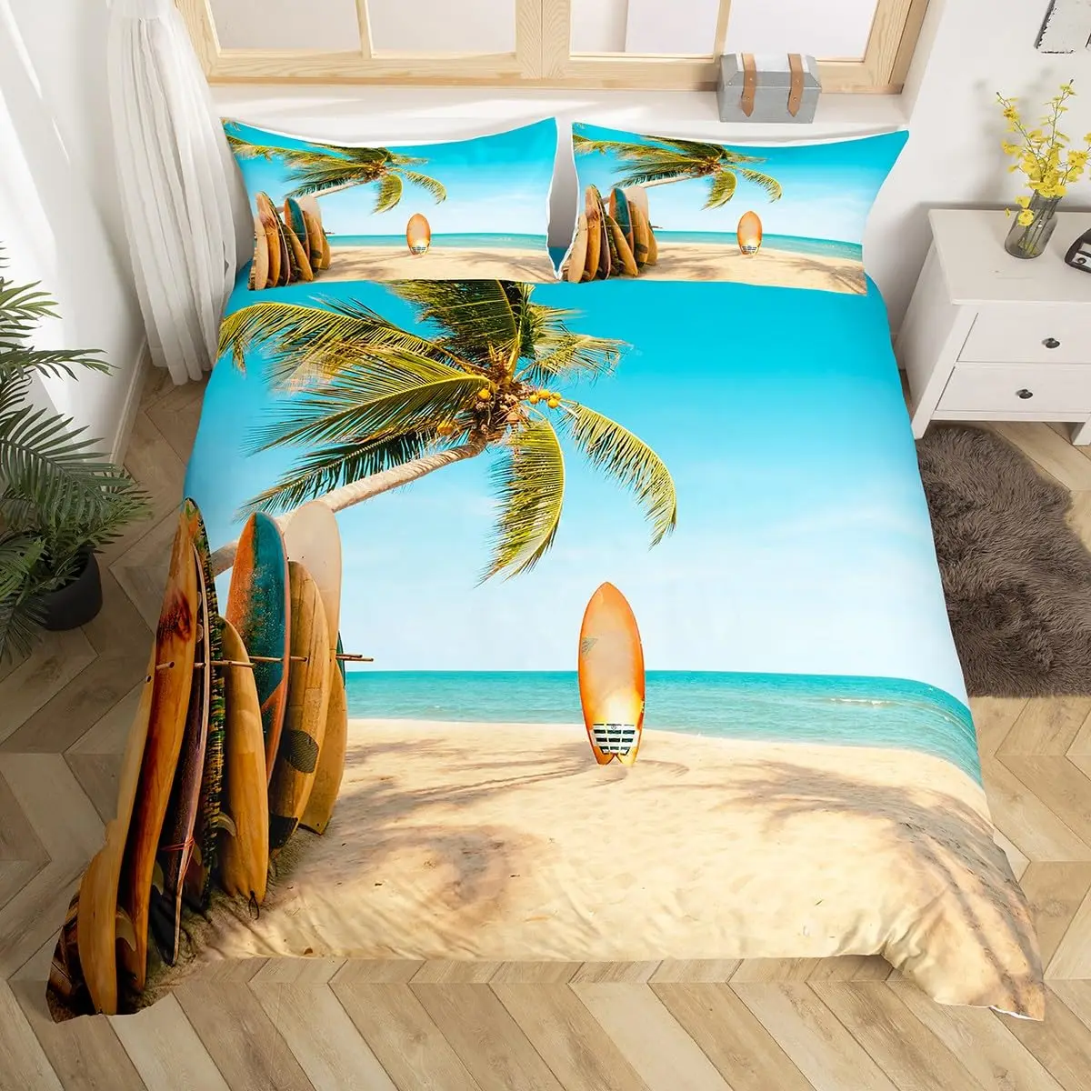 Beach Ocean Bedding Set Palm Trees Duvet Cover Marine Nautical Sea Surfing Quilt Cover Summer Hawaiian Surfboard Comforter Cover