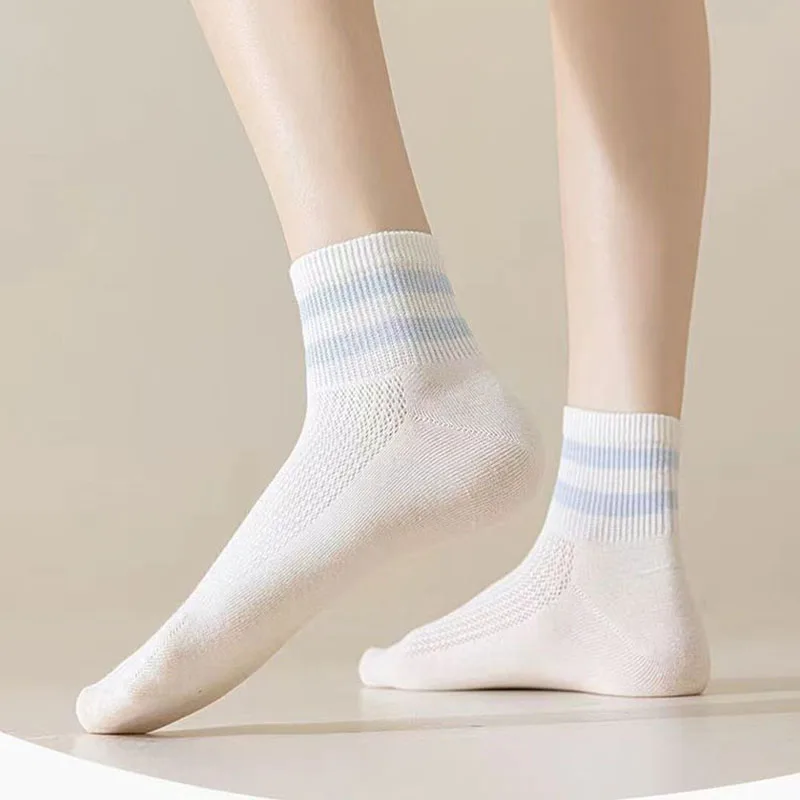 5 pares de calcetines de cuello redondo a rayas neutrales primavera otoño absorbente de sudor transpirable pareja deportes calcetines de ocio para todas las estaciones