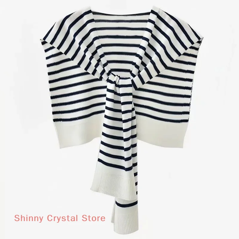 여성용 패션 블랙 앤 화이트 스트라이프 솔리드 컬러 니트 숄