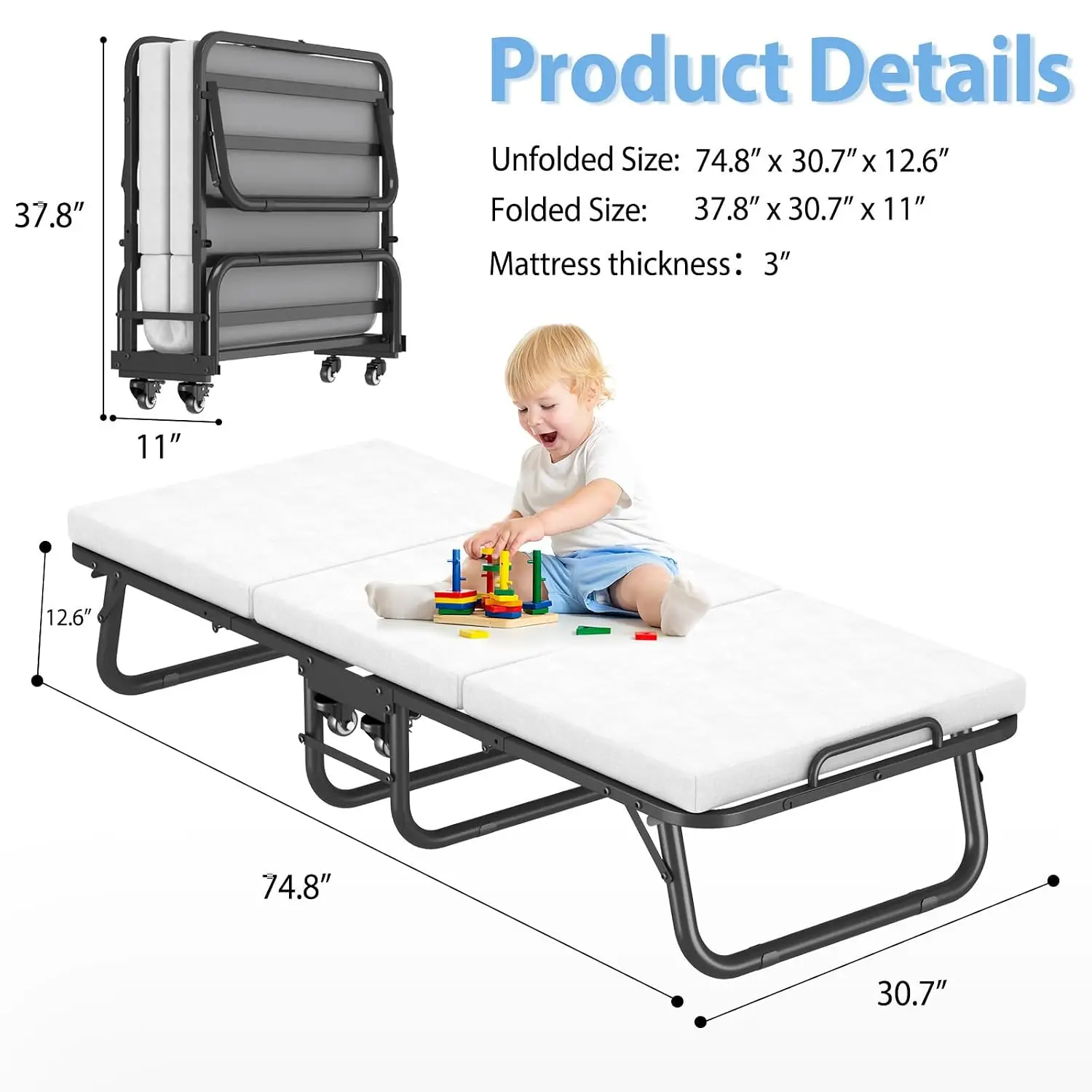 Folding Guest Bed with Mattress, 75 x 31 Rollaway Portable Bed, Custom