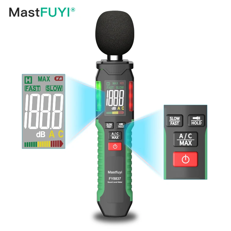 MASTFUYI FY8837 Digital Sound Level Meter Noise Tester A/C-Weighted 30-130dB Sound Detector Portable Noise Meter Audio Meter